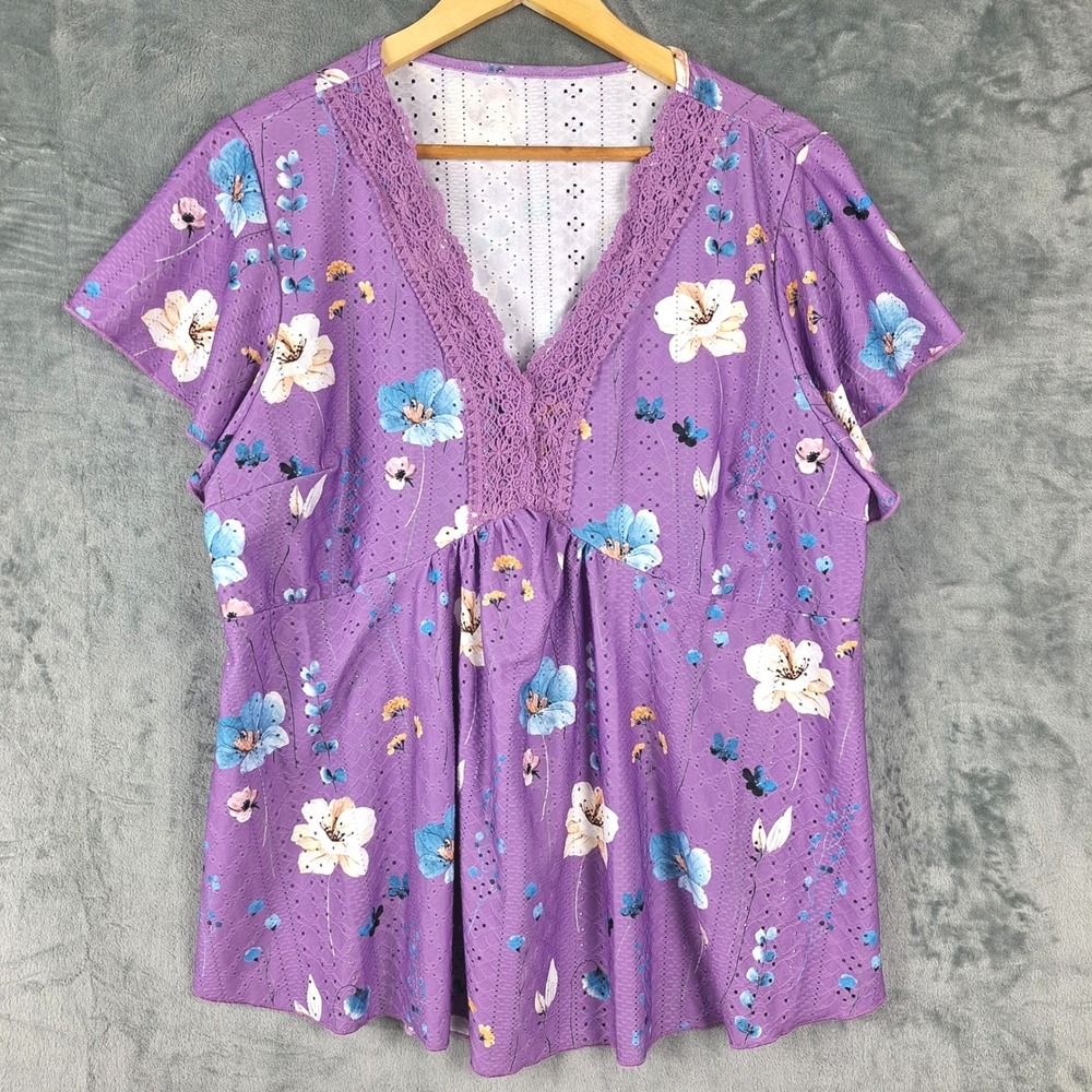 Womens Top 3XL Purple Boho Floral Lace Eyelet Cottagecore Peasant Retro Babydoll
